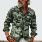 Wiaofellas  -  Men's Printed Lapel Long Sleeve Loose Shirt Multi-Pocket Casual Men's Work Shirt
