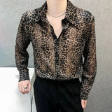 Wiaofellas  -  Mens Sexy Leopard Print Mesh See-Through Ice Silk Shirt Autumn Genderless Fashion Youth Nightclub Breathable Hollow Top Unisex