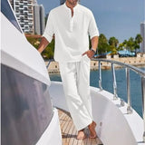 Wiaofellas  -  Men's Cotton and Linen Shirt Long Pants Two-piece Set Fashionable Henry Collar Long Sleeved Shirt Casual Vacation Beach Pants