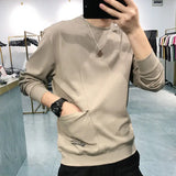 Wiaofellas  -  Fashion Printed Button Letter Pockets Casual T-Shirt Men Clothing Autumn New Loose Korean Pullovers All-match Tee Shirt