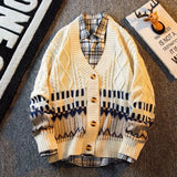 WIAOFELLAS  -  Vintage Argyle Splice Knitted Cardigan Mens Long Sleeved V-neck Sweater Autumn Winter Fashion High Quality Loose Knitwear Tops