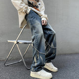 WIAOFELLAS  -  Chain Wide Leg Jeans Men Bleached Punk Style Hip Hop High Street Teenagers Mid Waist Fashion Leisure Washed Spring Autumn Retro