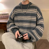 Wiaofellas  -  Winter Velvet Sweater Men Warm Striped Knitted Pullover Men Streetwear Korean Loose Long Sleeved Sweater Mens Jumper Clothes