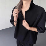 WIAOFELLAS  -  Fashion Men's Zipper Spliced Contrast Color Loose T-shirts Trendy Lapel Short Sleeves Casual Tops Male 2025 Summer 2A0921