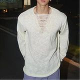 WIAOFELLAS  -  Spring and Autumn Hollow Sweater Men's Solid Color Deep V Lazy Style Pullover Sweater Thin Destructive Design Top