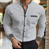 Wiaofellas  -  Men's Mandarin Collar Long Sleeve Shirt Slim Fit Casual Business Shirt With Striped Cuffs and Pocket Detail