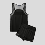 WIAOFELLAS  -  Men Sets Mesh Patchwork O-neck Sleeveless Tank Tops & Shorts Two Pieces Sets See Through Streetwear Fashion Men's Suits