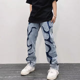 Wiaofellas  - new men's jeans men's loose straight leg men's wear straight leg wash jeans men's fashion print jeans men's wide leg pants