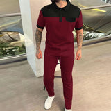 Wiaofellas  -  Men's New Waffle Color Patchwork Lapel Button Polo Shirt Short Sleeve Shirt Solid Color Trousers Two Men's Suit