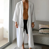 Wiaofellas  -  Vintage Baggy Long Cloak Robe Mens Summer Leisure Solid Color Buttoned Hooded Cover-up Top Men Fashion Open Stitch Long Cardigan