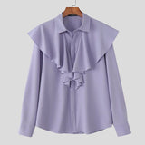 WIAOFELLAS  -  Men Shirt Solid Color Ruffle Lapel Long Sleeve Casual Men Clothing Loose Streetwear Elegant Fashion Male Tops Camisas