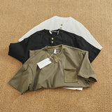 WIAOFELLAS  -  Vintage button-down short sleeve T-shirt Men's patchwork loose heavy double cotton pocket T-shirt