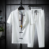 Wiaofellas  -  Shirts + Pants Summer Cotton Linen Shorts Sleeve Men's Casual Sets Male Fashion Trousers and Shirts Men Full Size M-5XL