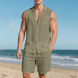Wiaofellas  -  Breathable Summer Men'S 2 Piece Beach Vacation Set Sleeveless Stylish Shirts and Shorts Suit Outfits Jackets for Men Suit