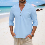 Wiaofellas  -  Men's Japanese Style Casual Linen Shirt Stand Collar Half Placket Long Sleeve Breathable Tops for Spring Autumn Daily Commute