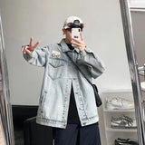 WIAOFELLAS  -  Retro Badge Denim Jacket Men's New Handsome Top Trendy Brand Loose Lapel