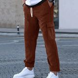 Wiaofellas  -  Autumn Fashion Multi Pockets Corduroy Pants Men Streetwear Casual Solid Color Cargo Pants Stylish Mens Drawstring Lace-up Pants