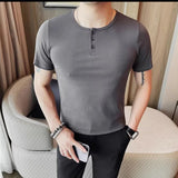 WIAOFELLAS  -  Summer Cotton Round Neck Men's Casual T-shirt Fashion Business Slim Fit Short Sleeve Elastic Solid Color Tees Tops Streetwear