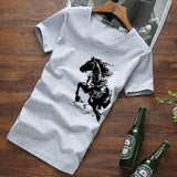 Wiaofellas  -  Men's V-neck Cotton T-shirt Chinese Style Horse Print Short Sleeve Slim Fit Casual Summer Tee