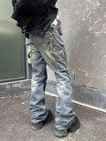 Wiaofellas  -  Streetwear Handmade Mud Dyed Dirty Blue Baggy Jeans for Men Distressed Hole Casual Patchwork Denim Trousers Oversized