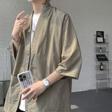 WIAOFELLAS  -  Niche Design Men's Shirts V-neck Solid Color Button Desig Ice Silk Big Pocket Casual Male Tops Summer Menswear