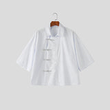 Wiaofellas  -  Men's Shirt Striped Patchwork Lapel Half Sleeve Button Men Clothes Streetwear Summer Vintage Casual Tops For Man