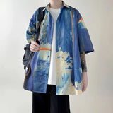 WIAOFELLAS  -  Summer New Turn-down Collar Fashion Short Sleeve Shirt Man High Street Loose Tie Dye Button Cardigan Y2K Youth All-match Tops