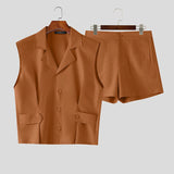 Wiaofellas  -  Men's Sets Solid Lapel Sleeveless Crop Shirt Shorts Two Piece Sets Streetwear Men Matching Sets Stylish Tracksuits