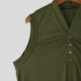 WIAOFELLAS  -  Men Tank Tops Solid Color V Neck Sleeveless Button Summer Male Vests Streetwear Knitted Fashion Casual Men Clothing