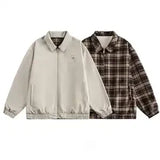 WIAOFELLAS  -  Reversible Coat Men's Autumn Casual Loose American Retro Lapel Jacket Loose Plaid Apricot All-match Top