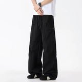 WIAOFELLAS  -  Simple Men's Cargo Pants Zipper Patchwork Elastic Waist Wide Leg Bottom Straight Drawstring Loose Male Trousers 24K4252