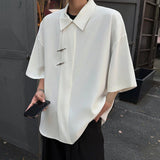 WIAOFELLAS  -  Chinese Style Ice Silk Short Sleeved Shirts Men's Metal Buckle Solid Color Lapel Oblique Placket Male Loose Cloth