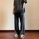 WIAOFELLAS  -  Summer Stripe Quick Drying Casual Pants Men Solid Patchwork Embroidery Elastic Waist Drawstring Pocket Loose Straight Trousers