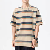 Wiaofellas  -  Summer new fashion men's retro striped short sleeve T-shirt Fashion loose bf style casual T-shirt