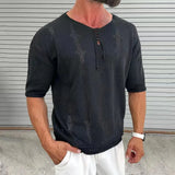 WIAOFELLAS  -  Summer Men's Vintage Knit Short Sleeve T-Shirt Muscle Frenulum O-Neck Loose Stretch Pullover Sweater Tees Casual Knitwear Tops