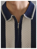 WIAOFELLAS  -  New Chic Striped Polo Shirt Light Luxury Hollow Out Knitted T-shirts Korean Style Zipper Short Sleeve Tops Breathable Knitwear
