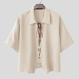 Wiaofellas  -  Men's Shirt Lapel Half Sleeve Loose Lace Up Patchwork Men Clothes Summer Loose Fashion Casual Tops Shirts For Man