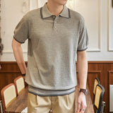 Wiaofellas  -  British Style Knitted Polo Shirt for Men Striped Lapel Casual Business T-shirt Elastic Comfortable Social Office Street POLO Top