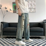 Wiaofellas  Men's Jeans Y2K High Street Retro Loose Washed Ripped American Summer Straight Long Pants