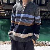 WIAOFELLAS  -  Fall Winter New Casual Knit Polo Sweaters Men Vintage Striped Crochet Knitting Jumper Tops Mens Trendy Long Sleeve Slim Sweater