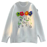 WIAOFELLAS  -  Harajuku Oversized Knitted Sweater Men Floral Embroidery Jumpers Japanese Fashion O-Neck Streetwear Couple Unisex Knitwear E173