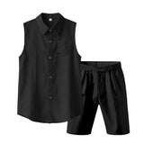 Wiaofellas  -  Men's Linen Sleeveless Shirt and Shorts Set Casual Two Piece Outfit