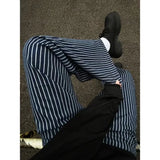 WIAOFELLAS  -  Vintage blue vertical striped jeans men's loose straight leg wide-leg pants