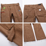 Wiaofellas  -  Kanye Graffiti Ink Painted Flared Jeans Cargo Y2K Pants Men Clothing Brown Straight Hip Hop Long Trousers Pantalones Hombre