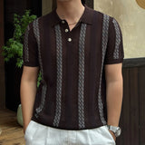 Wiaofellas  -  Stylish Slim Short Sleeve Knit Polo Shirt Men Summer Casual Breathable Hollow Out Polo Shirts Vintage Striped Crochet Polo Tops