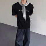 WIAOFELLAS  -  Fashion Men's Letter embroidery Tie Shoulder Pads Design T-shirts Trendy Casual Short Sleeves Tops Male 2025 Summer