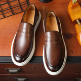 Wiaofellas  -  Men's Casual Shoes Embossed Leather Men Fashion British Style Penny Loafers Mens Slip-on Thick Sole Outdoor Flats