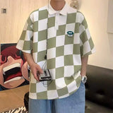 Wiaofellas  -  Men Trendy Vintage Plaid Streetwear Y2K Harajuku Oversized Polo T Shirt Summer Youth Casual Appliques Short Sleeve Ice Silk Tops
