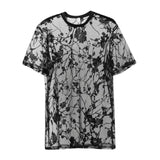 Wiaofellas  -  Men T-Shirt Lace See Through O-Neck Breathable Short Sleeve Sexy Tees Tops Party Thin Floral Flocking Perspective Mesh T-shirts