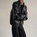 Wiaofellas  -  Vintage PU Leather Jackets Men Autumn Fashionable Solid Color Lapel Zip-up Leather Coats Men Stylish Loose Long Sleeve PU Jacket